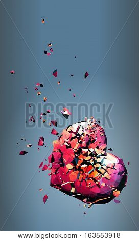 Colorful mass polygonal broken heart fall down on blue background
