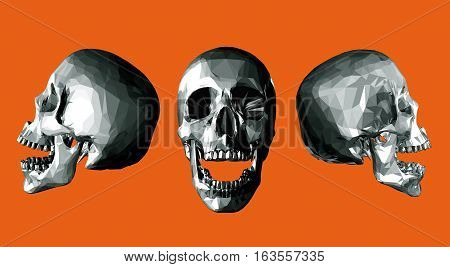 Monochrome low poly skull open jaw with three point of view on orange background
