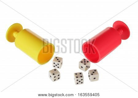 Dice with Dice Cups on White Background
