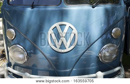 BRISBANE, AUSTRALIA - December 28, 2016: Detail of the front panel of a 1966 VW Kombi retro vintage car in Brisbane Australia