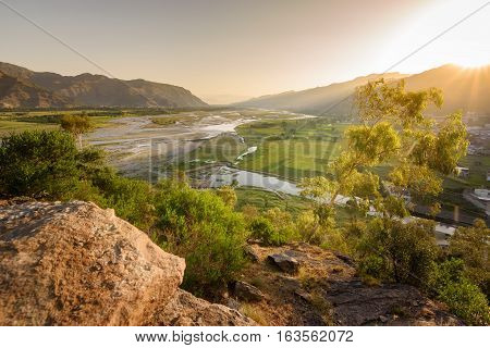 Beautiful view of river swat flowing through the valley from top of a hill.