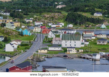 Small village community, Twillingate, Newfoundland.  Homes along shoreline in this coastal village, local roads connect the community along the Island's edges.