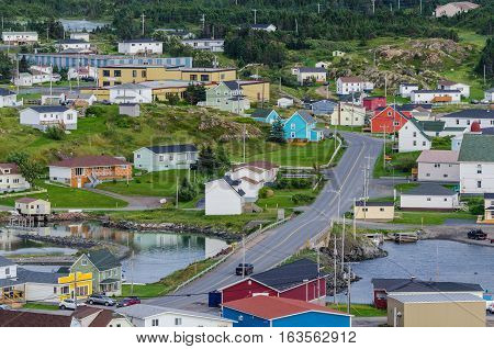Small village community, Twillingate, Newfoundland.  Homes along shoreline in this coastal village, local roads connect the community along the Island's edges.