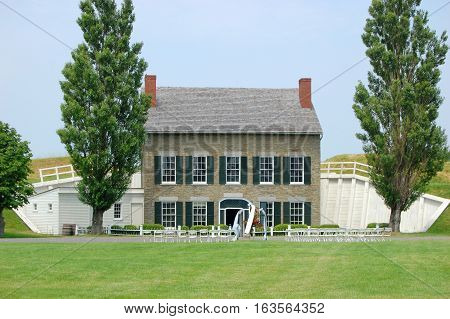Headquarter building inside Fort Ontario on Lake Ontario, Oswego, New York state, USA.