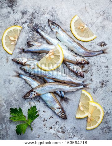 Fresh Catch Shishamo Fish Fully Eggs Flat Lay On Shabby Metal Background. Shishamo Fish Is Popular F