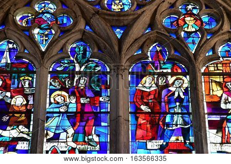 Gournay en Bray France - september 7 2016 : stained glass window of the Saint Hildevert collegiate church