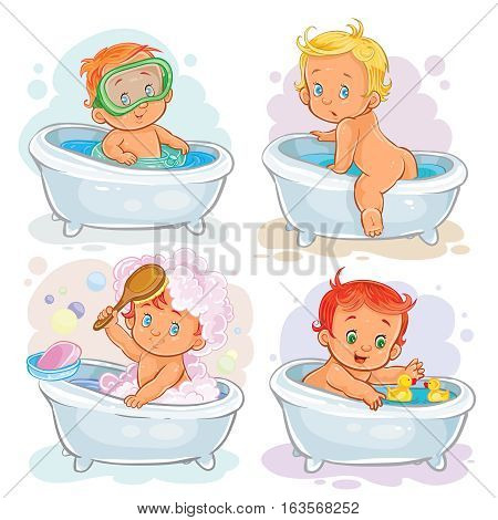 Set of vector icons of small children take a bath isolated on white