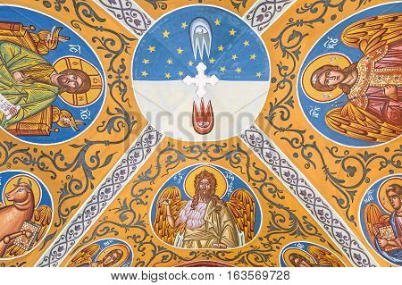 Kykkos Greece - November 24 2016: Cyprus island detail of the sacred paintings of the Kykkos monastery entry