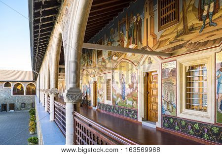 Kykkos Greece - November 24 2016: Cyprus island the sacred paintings in the balcony over the courtyard of the Kykkos monastery