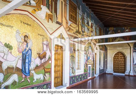 Kykkos Greece - November 24 2016: Cyprus island the sacred paintings in the balcony over the courtyard of the Kykkos monastery