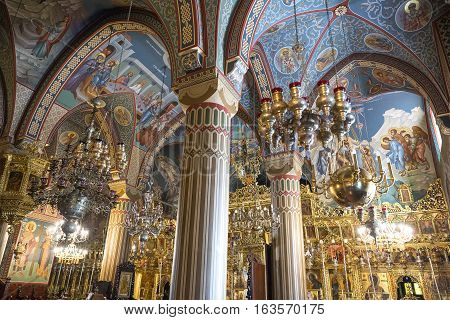 Kykkos Greece - November 24 2016: Cyprus island decorations and sacred paintings in the church of the Kykkos monastery