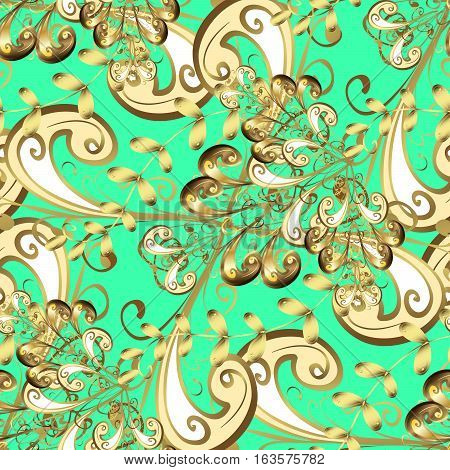 Golden leaf lace on green background. This image is a raster illustration. 