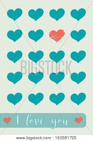 Card for celebration of St.Valentine's day with hearts and greating