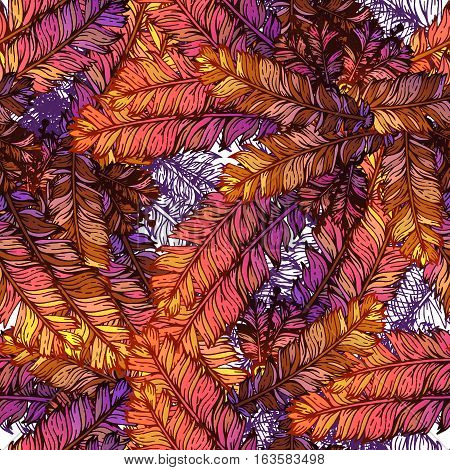 Feathers Pattern Hand Draw Sketch Boho or Ethnic Style Background on Blue. Vector illustration of Fly Random Feather on Pattern. Design Flyer and Web Feathers Pattern