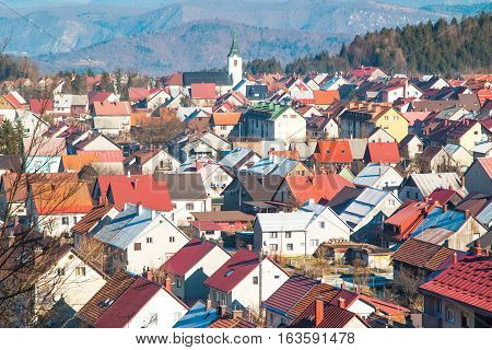 Panoramic view of Croatian town Delnice, Gorski Kotar in winter