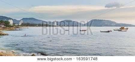 Panorama picture of Kalim beach and Patong beach Phuket Thailand. It is well-known destination for tourists all over the world.