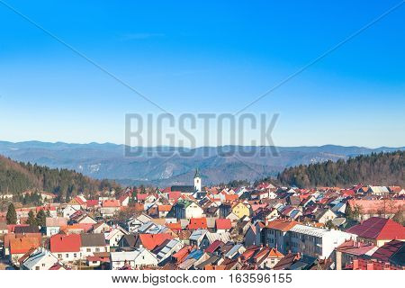 Panoramic view of Croatian town Delnice, Gorski Kotar in winter