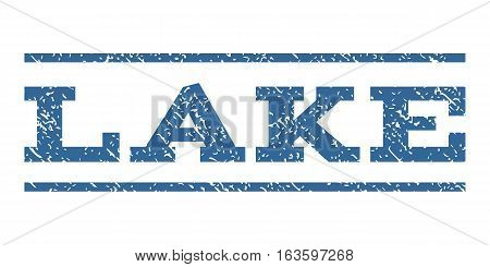 Lake watermark stamp. Text caption between horizontal parallel lines with grunge design style. Rubber seal stamp with dust texture. Vector cobalt color ink imprint on a white background.