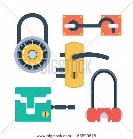 Lock icons set and security protection. Safety password sign privacy element and access shape open. Private safeguard modern firewall equipment vector collection.