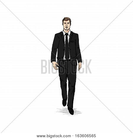 Vector Sketch Men Model In Suit. Business Dress Code