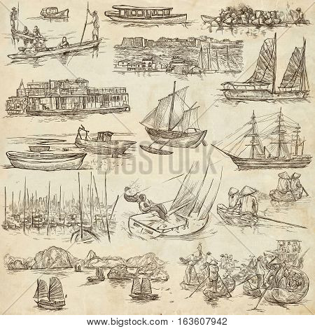 Hand drawn illustratoins of Boats and Ships around the World. Different types vessels. Full sized hand drawing collection. Pack of freehand sketches on old paper.
