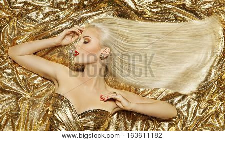 Gold Fashion Hair Style Blonde Woman Hairstyle Golden Long Straight Hair on Luxury Color background