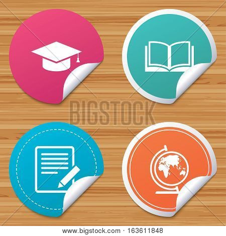 Round stickers or website banners. Pencil with document and open book icons. Graduation cap and geography globe symbols. Learn signs. Circle badges with bended corner. Vector