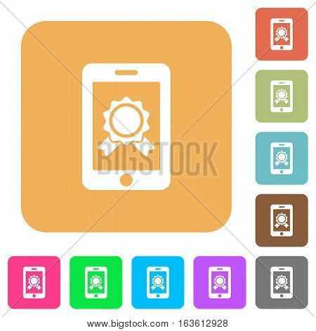 Mobile certification icons on rounded square vivid color backgrounds.