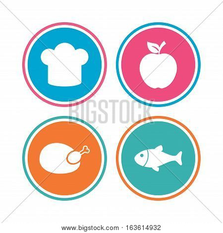 Food icons. Apple fruit with leaf symbol. Chicken hen bird meat sign. Fish and Chef hat icons. Colored circle buttons. Vector