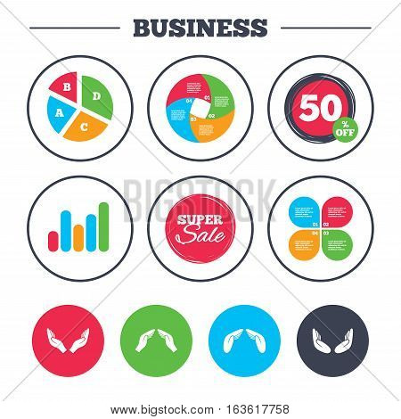 Business pie chart. Growth graph. Hands icons. Insurance protection signs. Human helping donation hands. Prayer meditation hands sybmols. Super sale and discount buttons. Vector