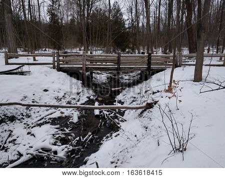 Scenic Timber Winter Snow Bridge Forest Track