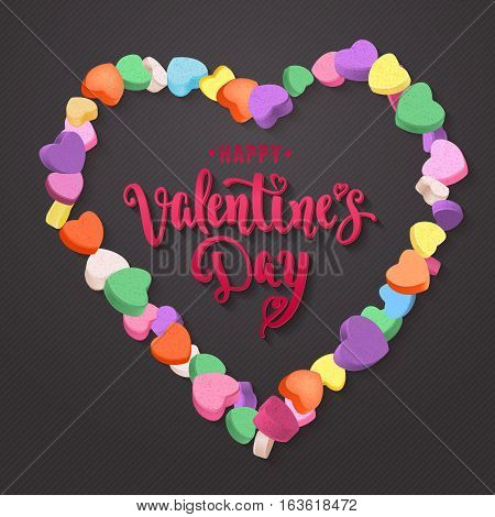 Modern calligraphy style handwritten lettering with colorful hearts candy frame. Vector illustration for cards, leaflets or banners on dark background.