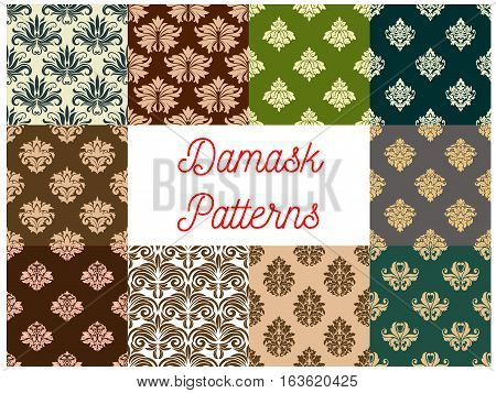 Damask patterns. Vector ornate floral embellishment tracery motif. Luxury backdrops of flowery ornate ornament tiles. Vector seamless flourish background with royal vintage and rococo design