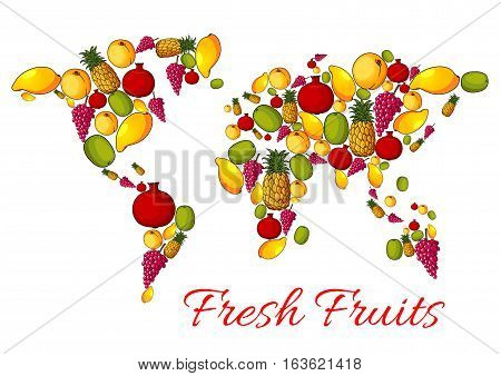 Fruits combined in world map shape with continents of ripe fruit harvest. Vector fresh apple, apricot and peach, tropical sweet mango and exotic kiwi with pineapple, red grape and juicy pomegranate