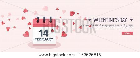 Vector illustration. Flat background with calendar. Love, hearts. Valentines day. Be my valentine. 14 february.