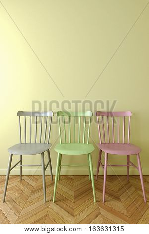 Three simple chair in empty room with yellow walls and a wooden floor. Mock up interior illustration 3d render.