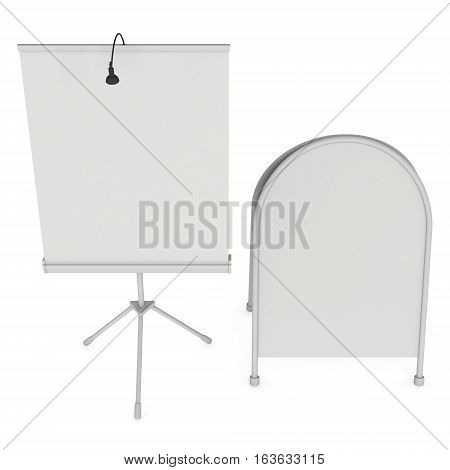 Blank Roll Up Expo Banner Stand and Sandwich board. Trade show booth white and blank. 3d render illustration isolated on white background. Template mockup for expo design. Blank menu outdoor display.