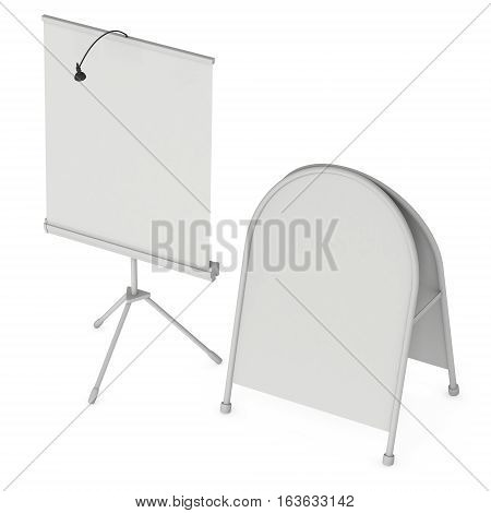 Blank Roll Up Expo Banner Stand and Sandwich board. Trade show booth white and blank. 3d render illustration isolated on white background. Template mockup for expo design. Blank menu outdoor display.