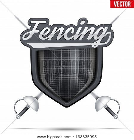 Fencing shield label with tag and epee. Symbol of sport or club. Vector Illustration isolated on white background.