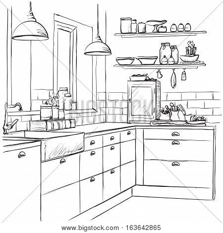Kitchen interior drawing, vector illustration. Furniture sketch