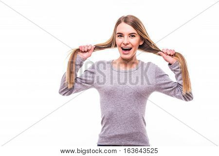 Happy Blonde Girl, Hands On Hair, On White Background