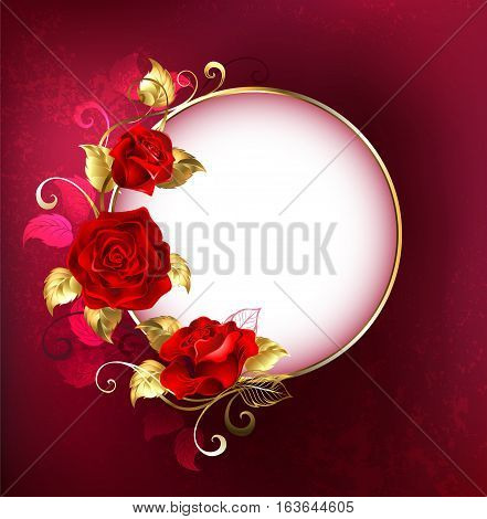 Round white banner with red roses and golden leaves on red textural background. Design with red roses.