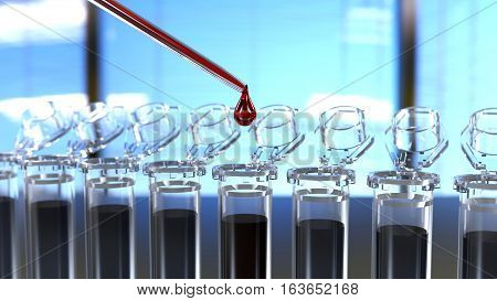 Laboratory test tubes with pipette 3D rendering