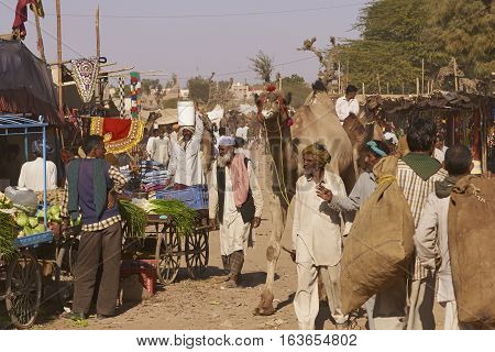 NAGAUR, RAJASTHAN, INDIA - FEBRUARY 15, 2008: Crowded street full of temporary stalls at the annual livestock fair in Nagaur, India.