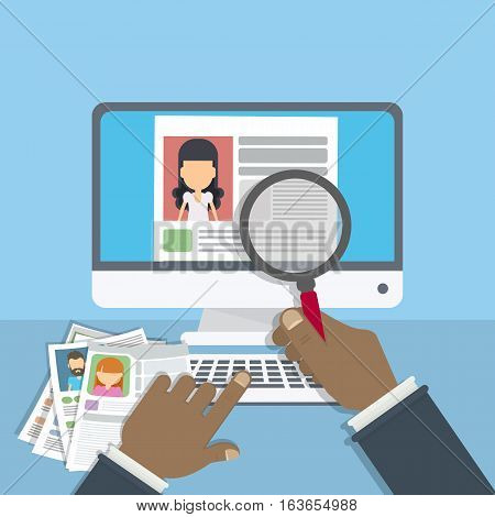 Supervising and accepting the resume. Director considering cv, finding new staff. Computer screen with magnifyer glass.