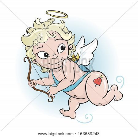 Funny cartoon character prankster Cupidon with a bow. Vector illustration for a Valentines Day