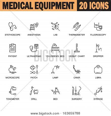Medical equipment flat icon set. Collection of high quality outline symbols of medical equipment for web design, mobile app. Vector thin line icons or logo of stetchoscope, thermometer, microscope, etc.