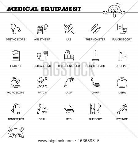 Medical equipment flat icon set. Collection of high quality outline symbols of medical equipment for web design, mobile app. Vector thin line icons or logo of stetchoscope, thermometer, microscope, etc.