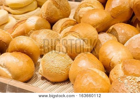 Different types of bread on the shelves