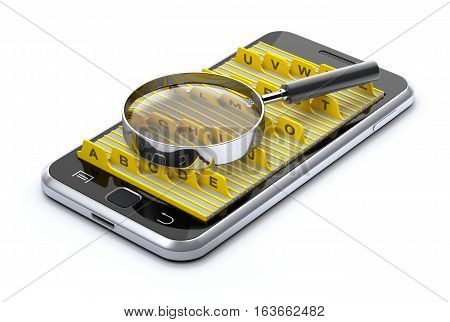 Mobile with with magnifying glass and divider tabs - 3D illustration